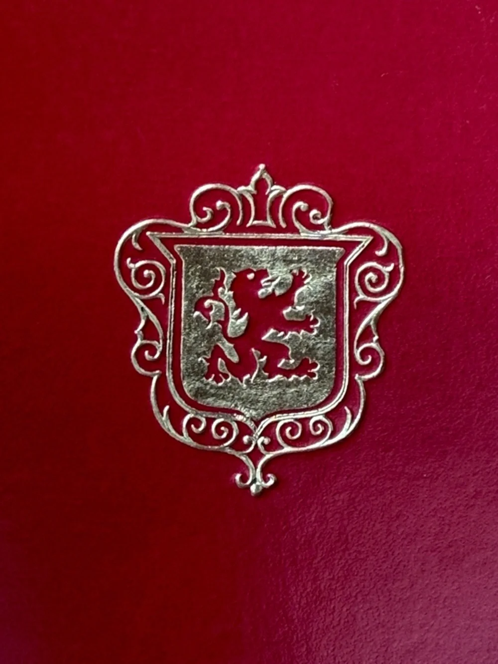 Vintage red scrapbook gold embossed scrollwork royal crest regal unused 15x10”